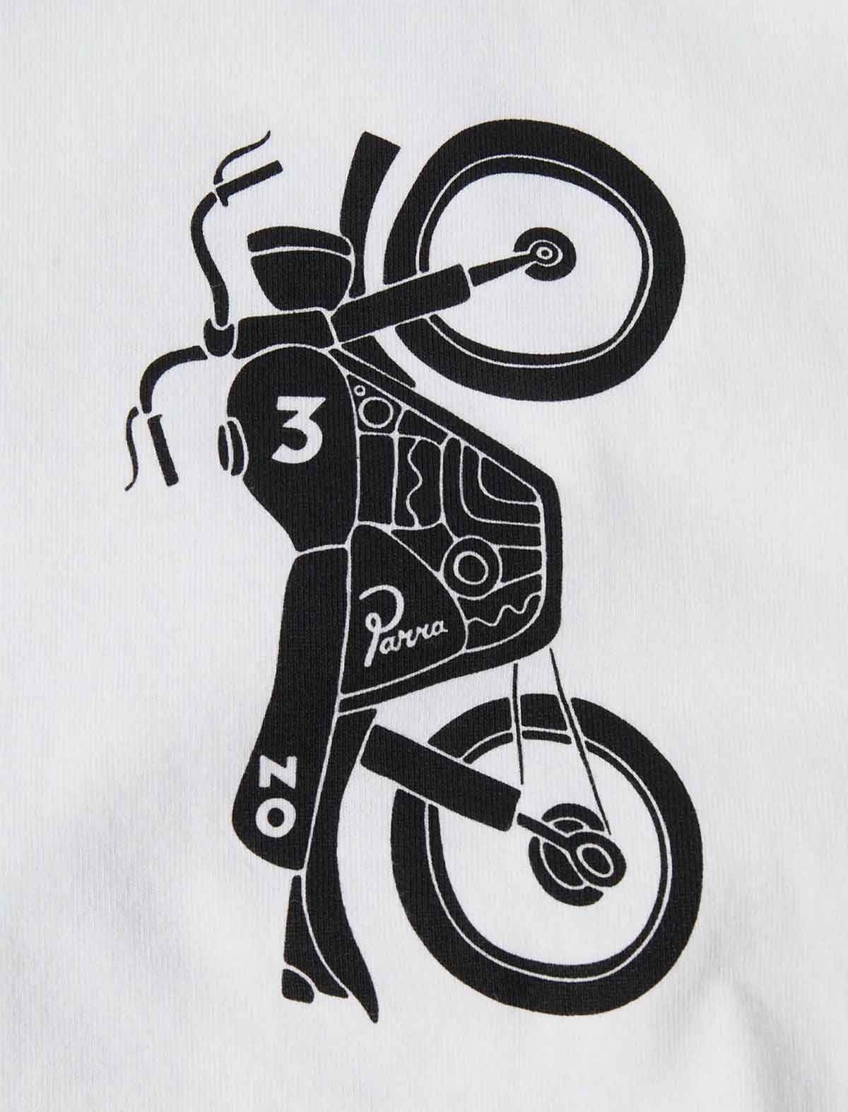 A black graphic print of a motorcycle on a white fabric background, featuring the number 3 and the word 'Parra'.