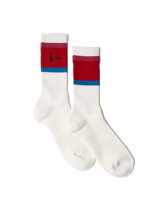 By Parra White socks with red and blue striped cuffs on a white background