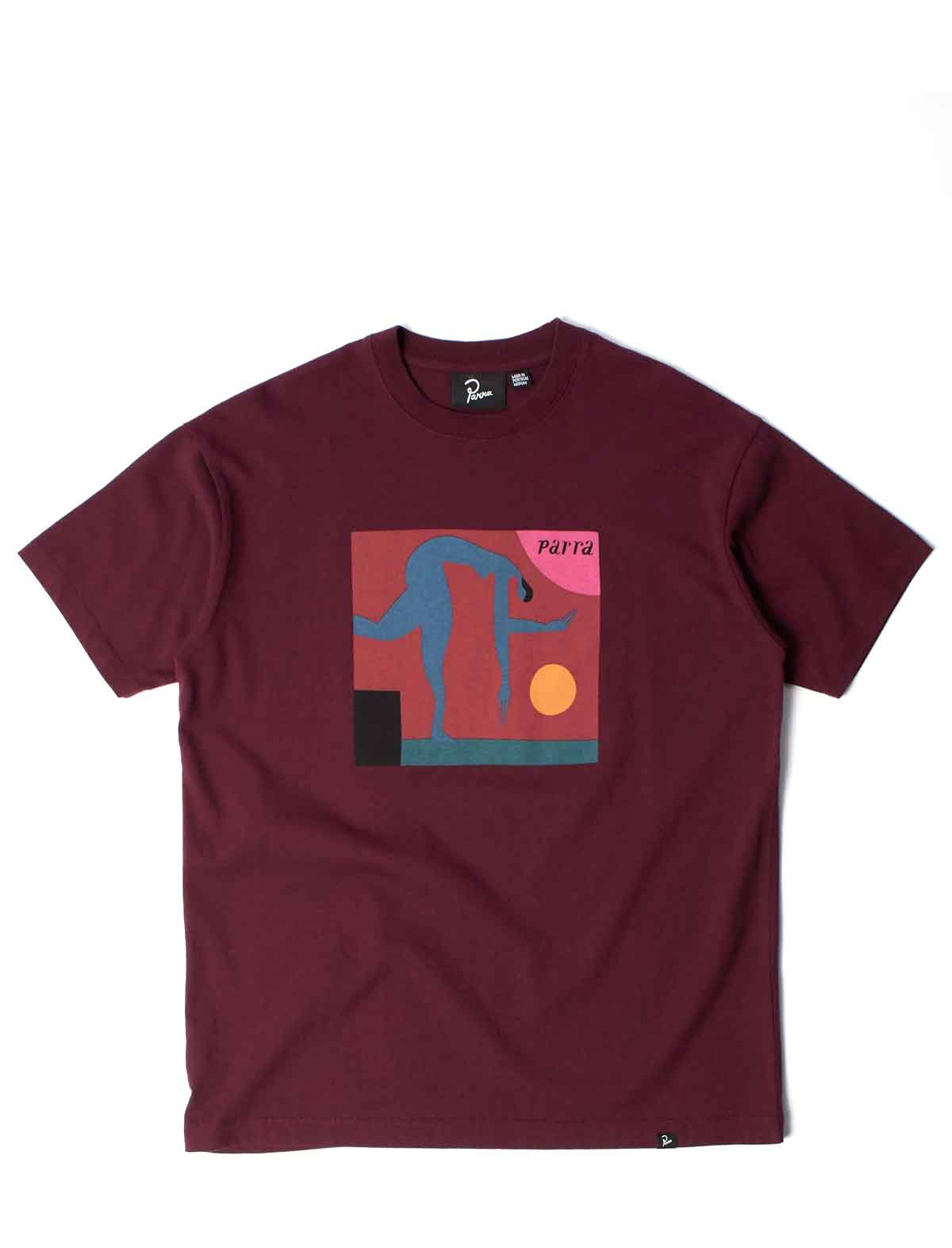 A maroon short-sleeve crewneck t-shirt featuring a colorful graphic print on the front with a stylized figure and the word 'PARRA'.