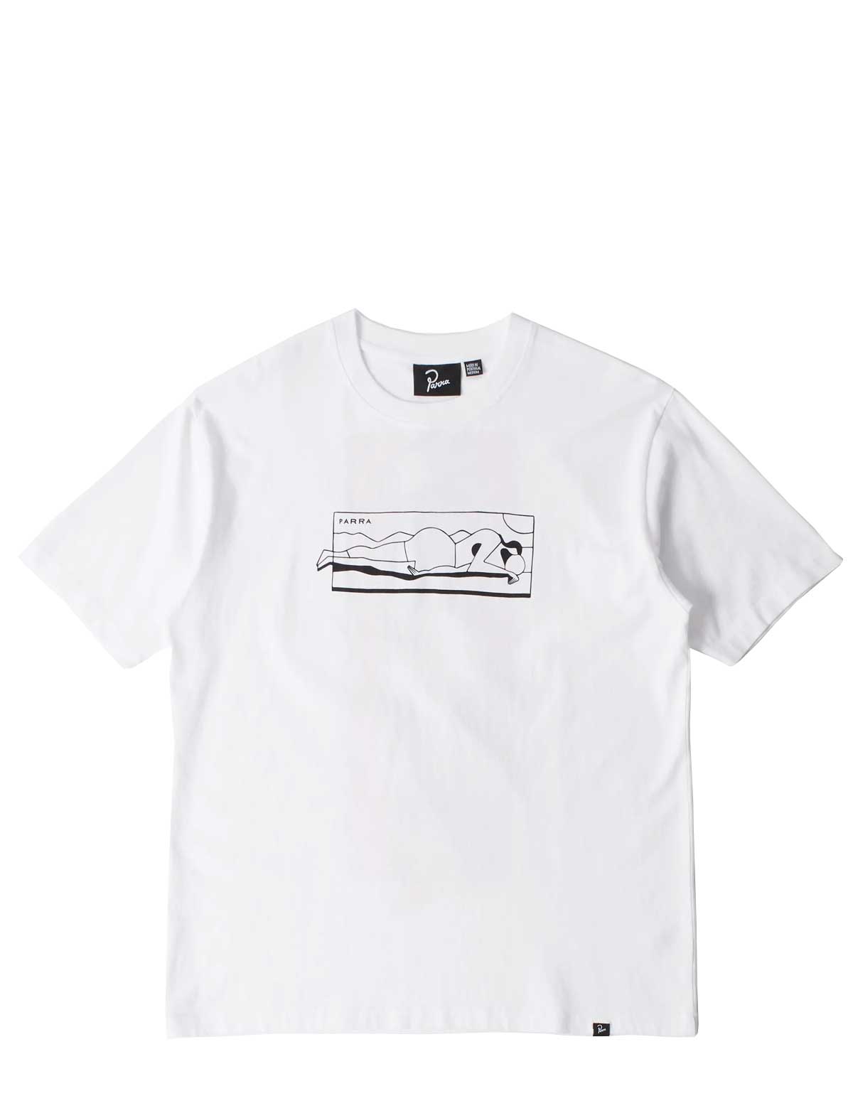 A white short-sleeve crewneck t-shirt featuring a black line art graphic of a person lying down across the chest designed by Parra, displayed flat against a white background.