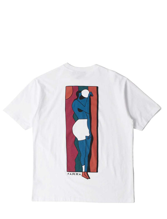 White short-sleeve T-shirt shown flat against a white background, featuring a large rectangular graphic print on the back with an abstract stylized figure in blue, red, orange, and white, plus the brand name PARRA near the bottom of the graphic.