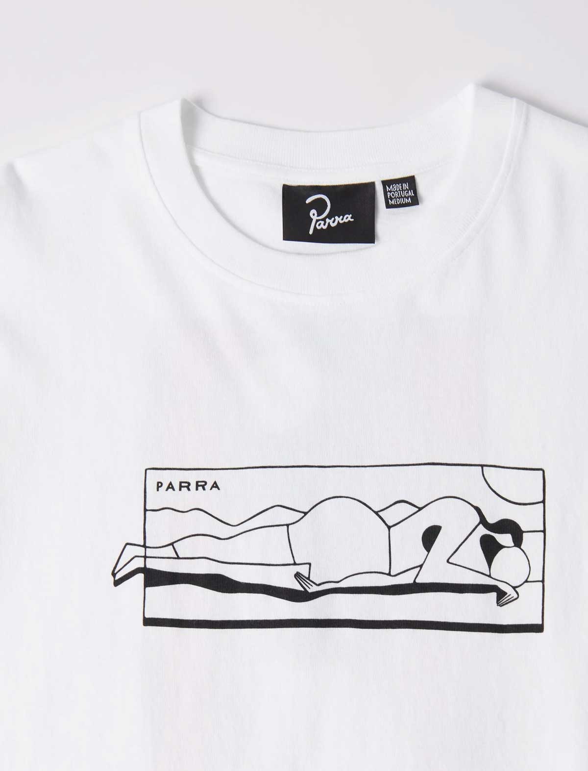 White crewneck t-shirt featuring a black graphic print of a stylized figure on a beach with the word 'PARRA' on the chest, and a black neck label with 'Perra' branding.