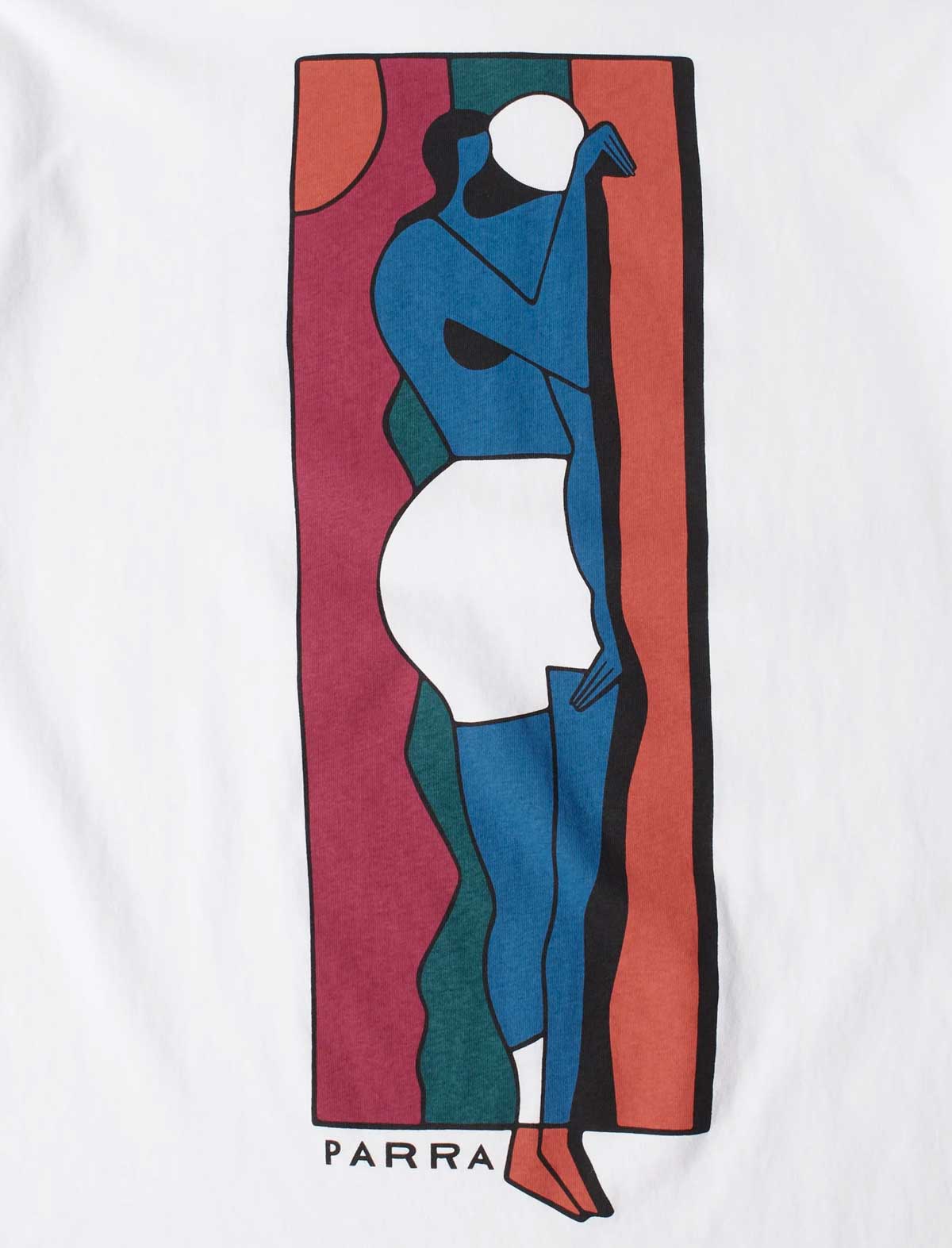 A white crewneck t-shirt featuring a large graphic print of a stylized woman in blue and white, set against a red, teal, and orange background. The brand name 'PARRA' is printed in black below the graphic.