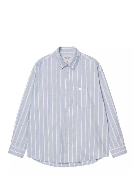 Light blue and white Carhartt WIP Beale striped shirt on a white background