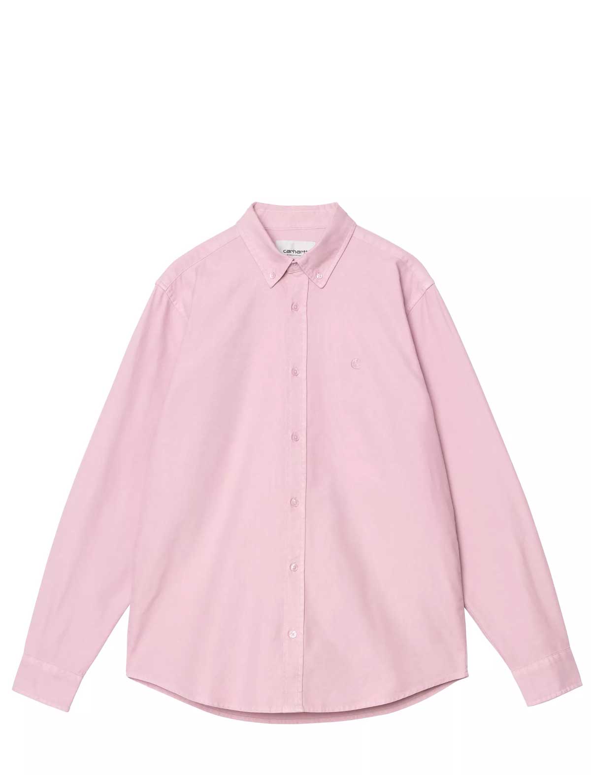 Carhartt WIP L/S Bolton Shirt in Hortensia – front, laid flat, showing the button-down collar and embroidered Carhartt WIP 'C' logo at the chest