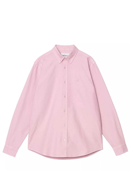 Carhartt WIP L/S Bolton Shirt in Hortensia – front, laid flat, showing the button-down collar and embroidered Carhartt WIP 'C' logo at the chest