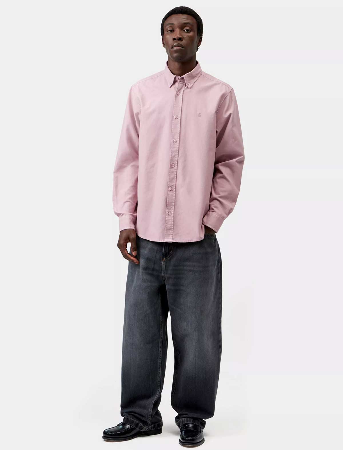 Carhartt WIP L/S Bolton Shirt in Hortensia – worn, full-length front view styled with jeans