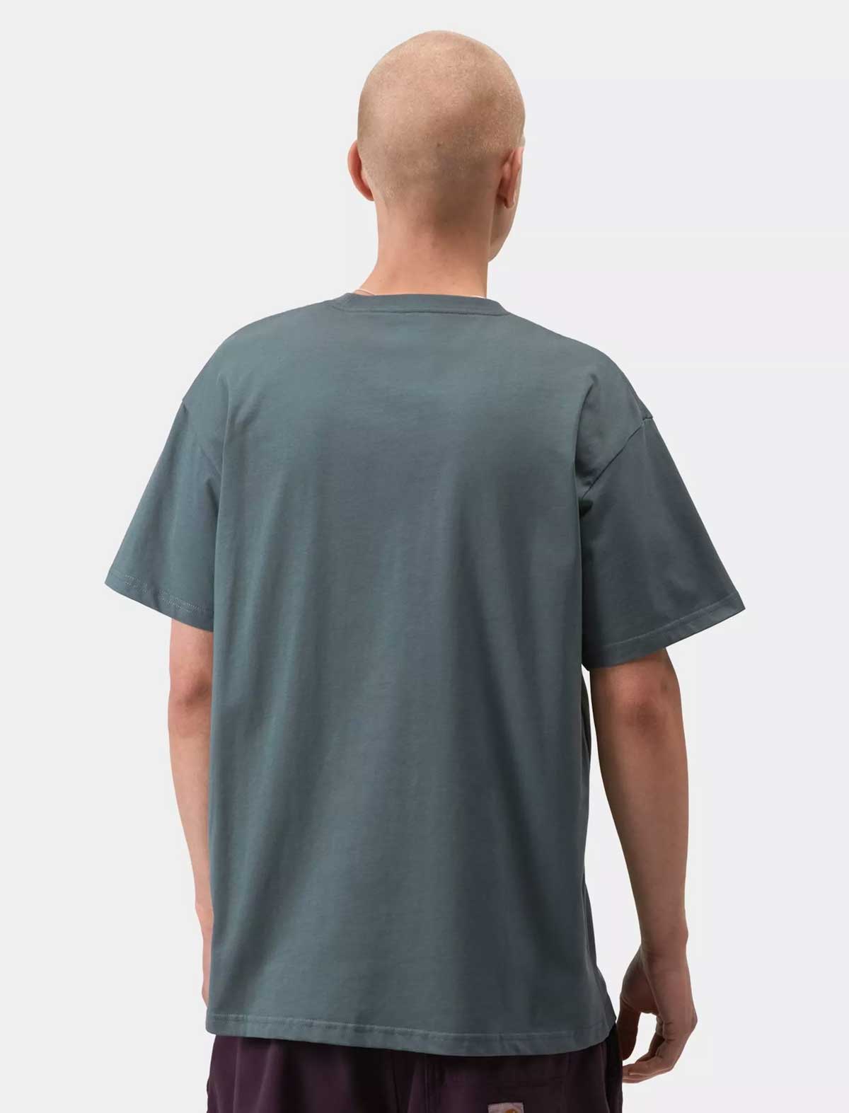Person wearing a plain green t-shirt on a white background
