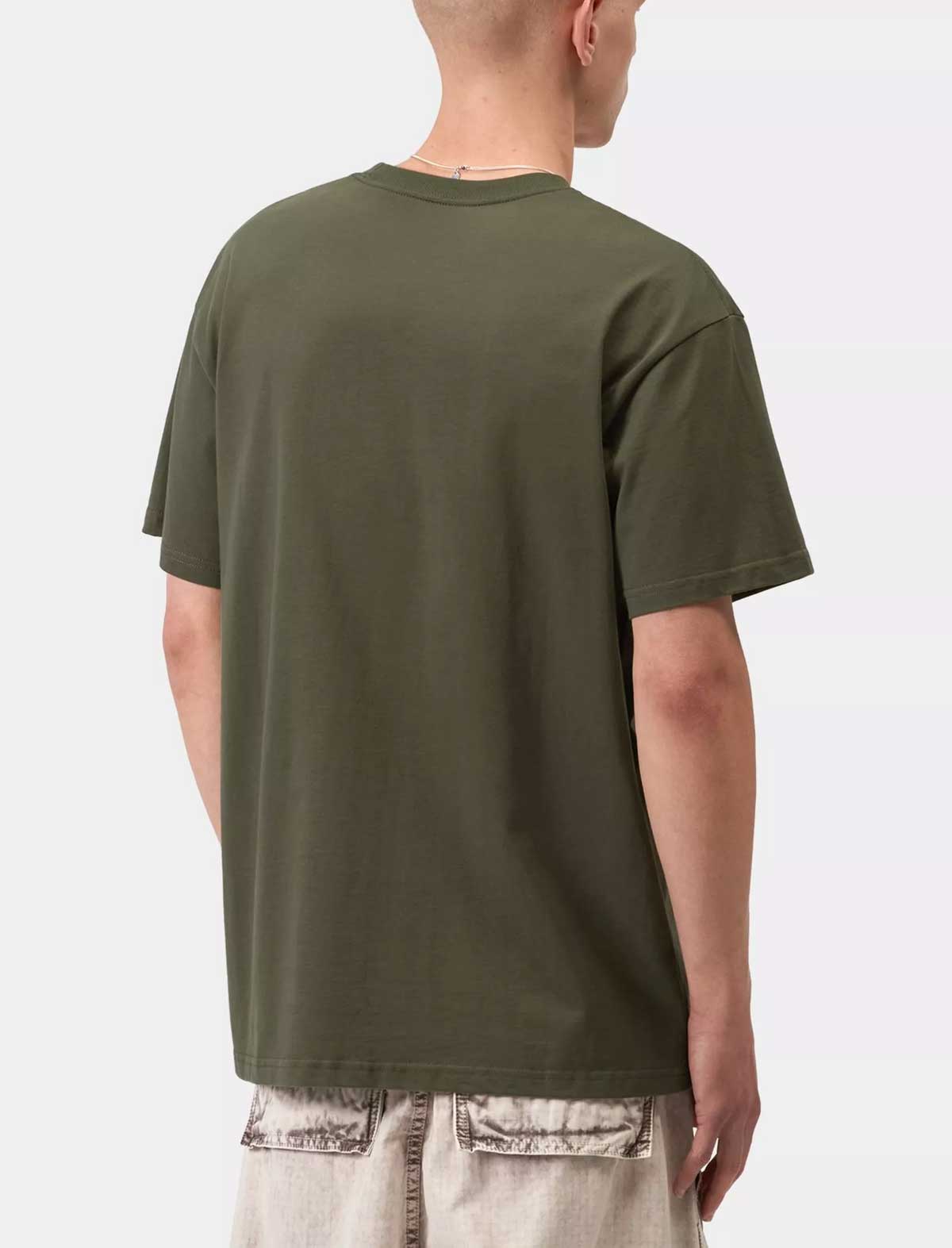 Person wearing a green t-shirt on a white background