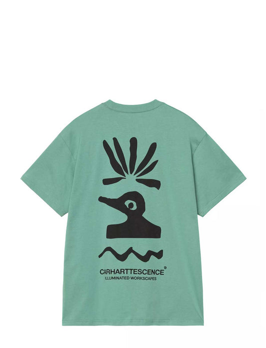 Carhartt WIP Green t-shirt with black graphic design on the back on a white background