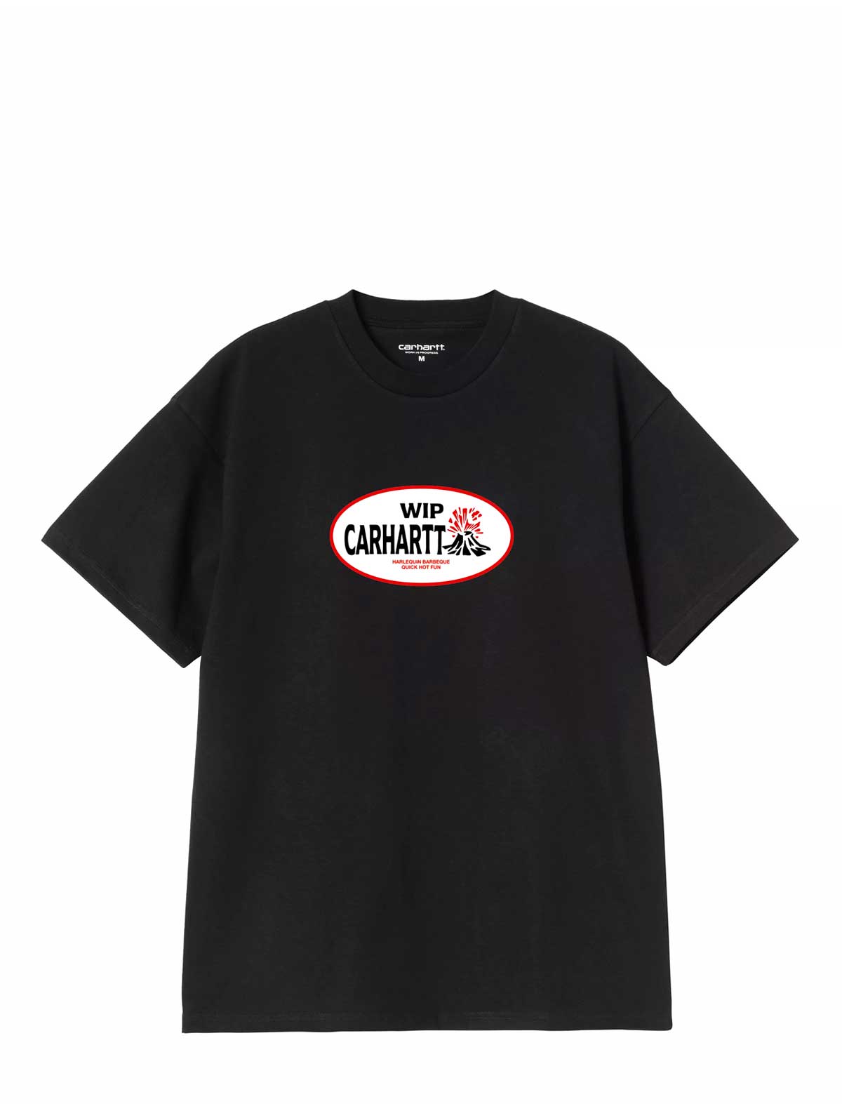 Black Carhartt WIP  t-shirt with a red and white logo on a white background