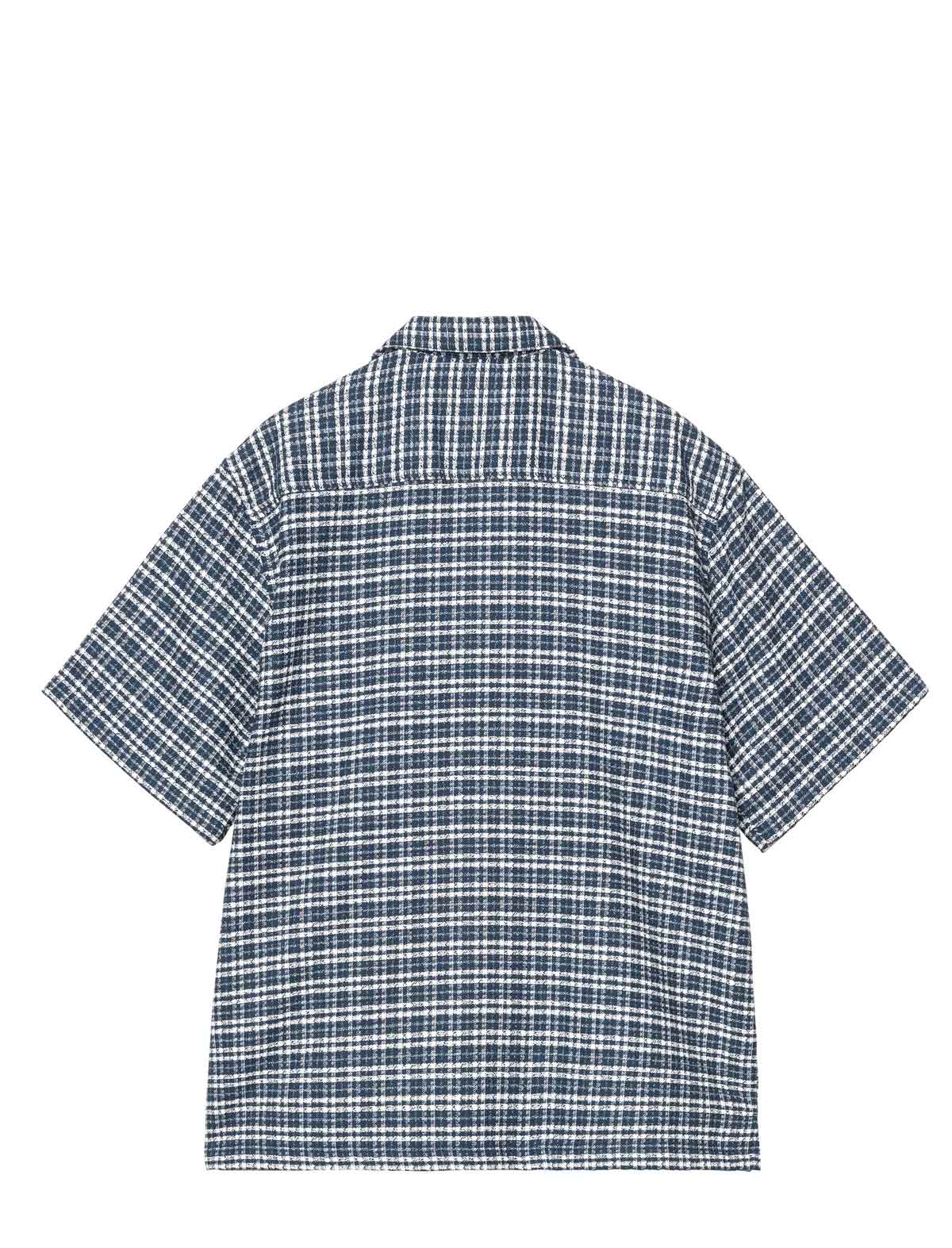 Back view of a blue and white checkered shirt on a white background