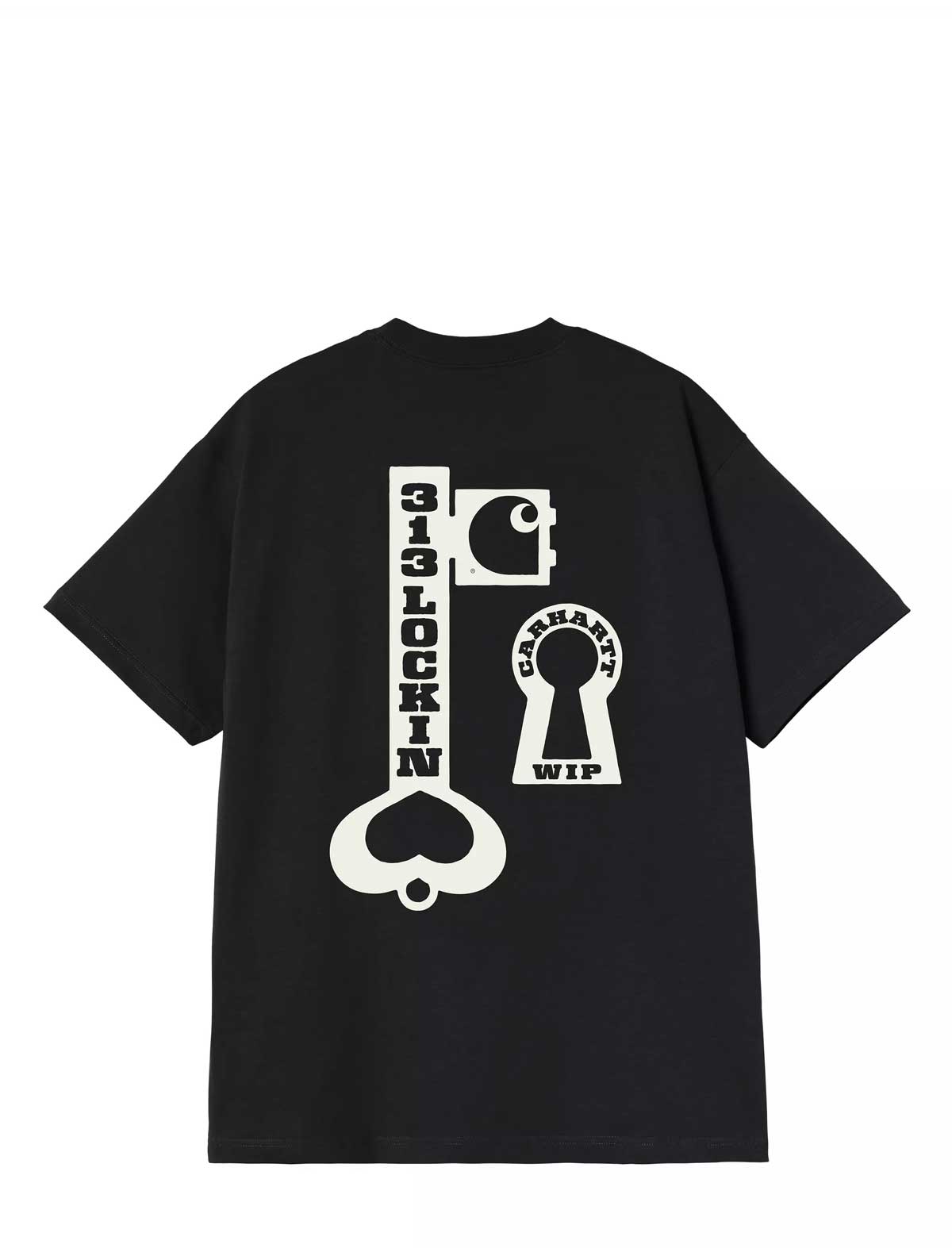 carhartt wip locked Black t-shirt with white graphic design on the back against a white background