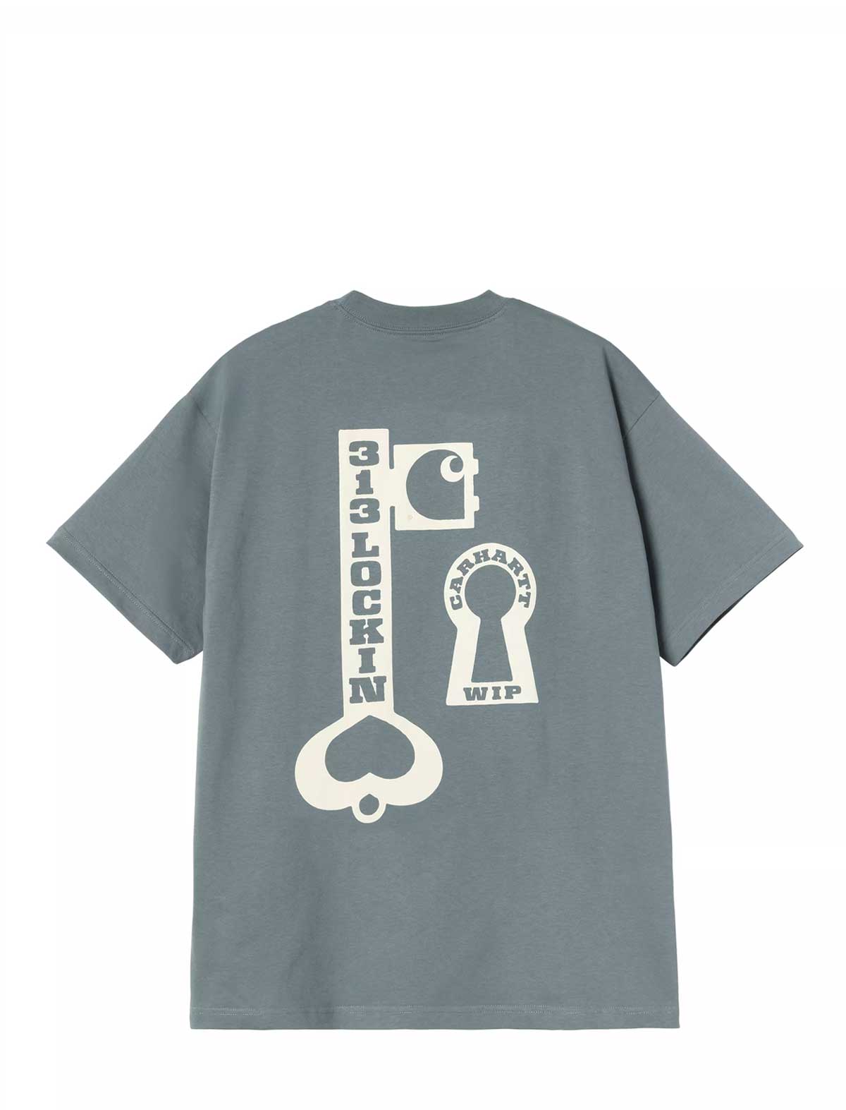 Carhartt WIP Locked Gray t-shirt with white graphic design on a white background