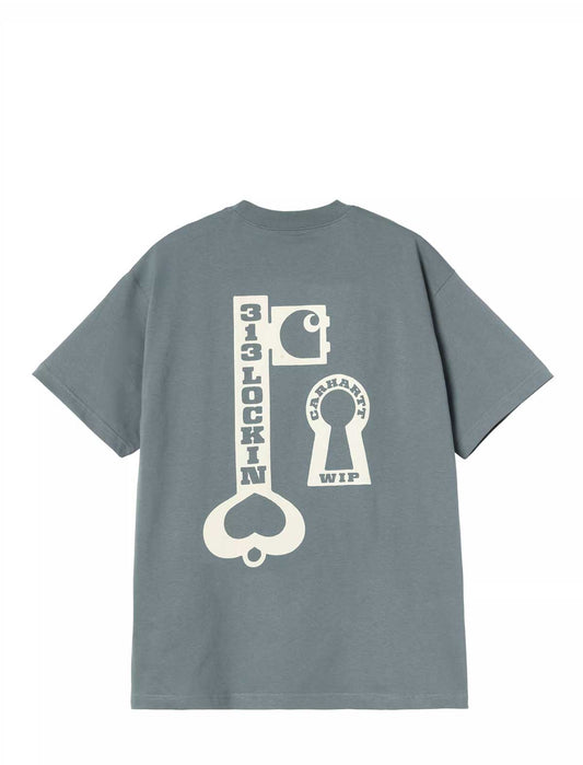 Carhartt WIP Locked Gray t-shirt with white graphic design on a white background
