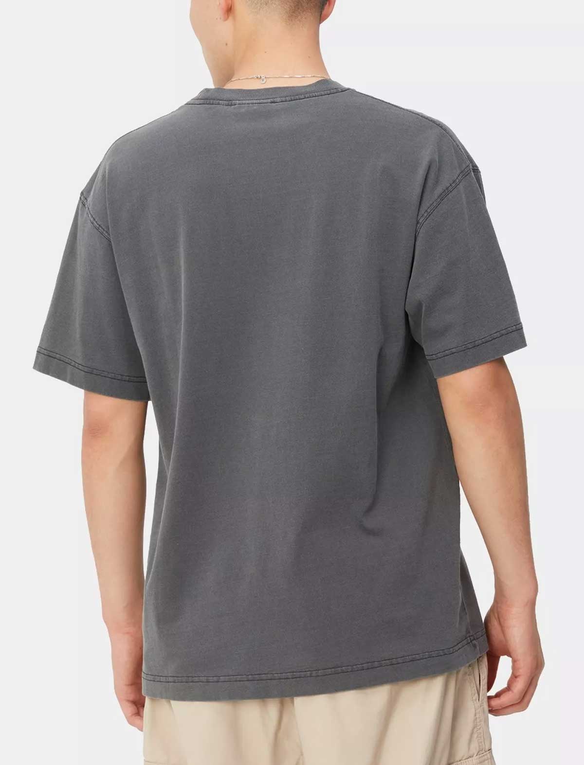 Person wearing a gray t-shirt on a white background