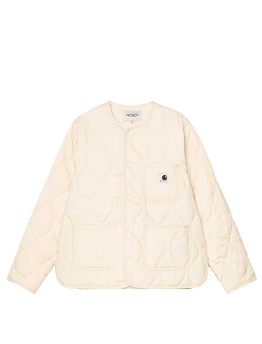 Carhartt WIP Women's Cream-colored quilted jacket with a brand logo on a white background