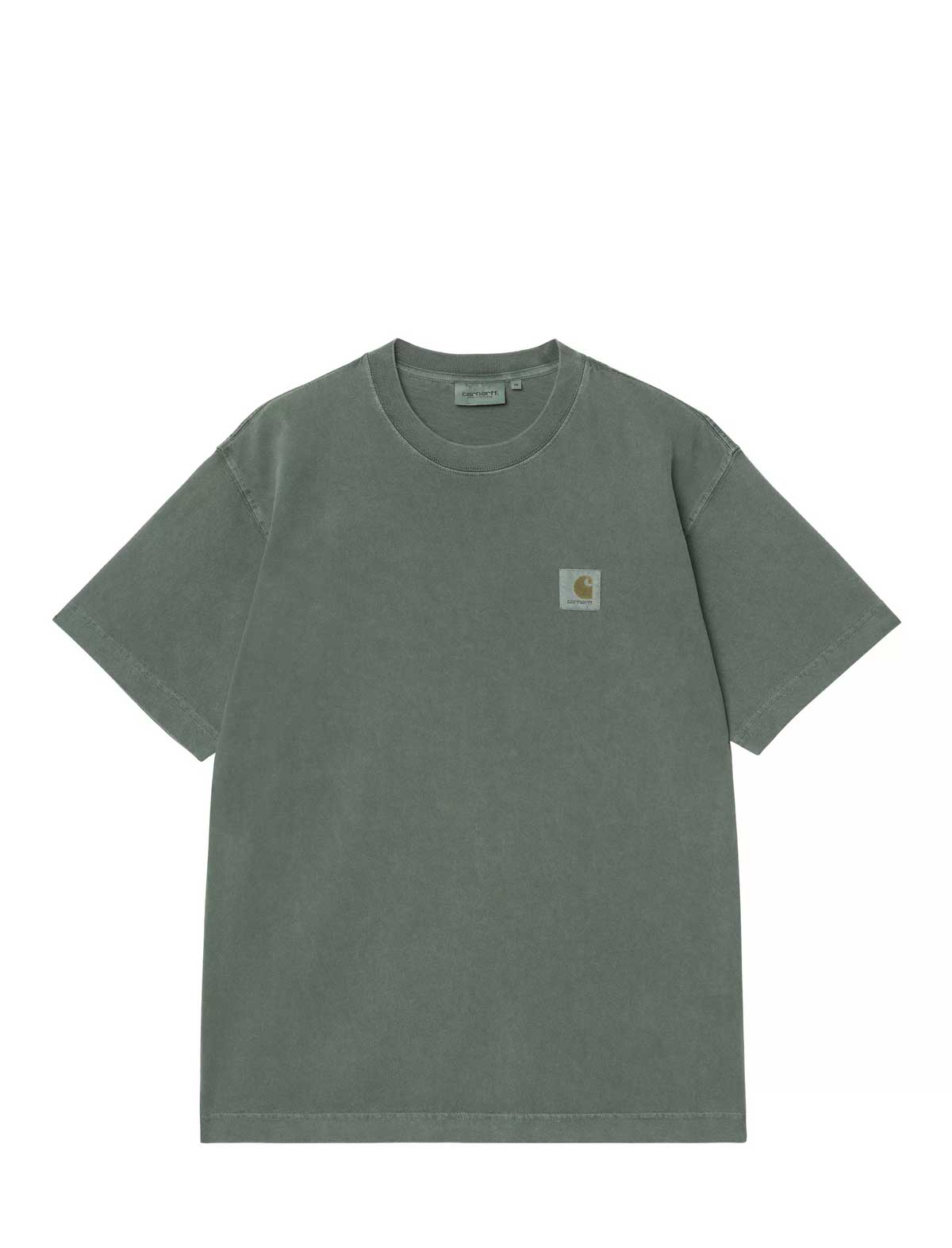A muted sage green short-sleeve crewneck t-shirt by Carhartt, featuring the brand's signature square canvas logo patch on the left chest, displayed flat against a solid white background.