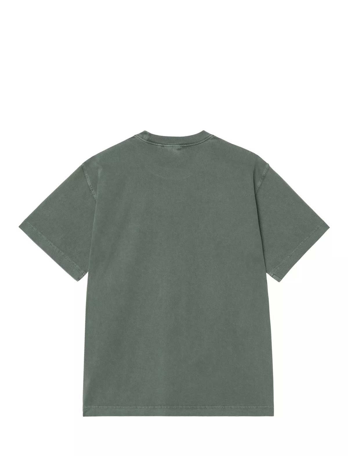 A short-sleeve crewneck t-shirt in a washed, muted sage green color, shown from the back on a plain white background.