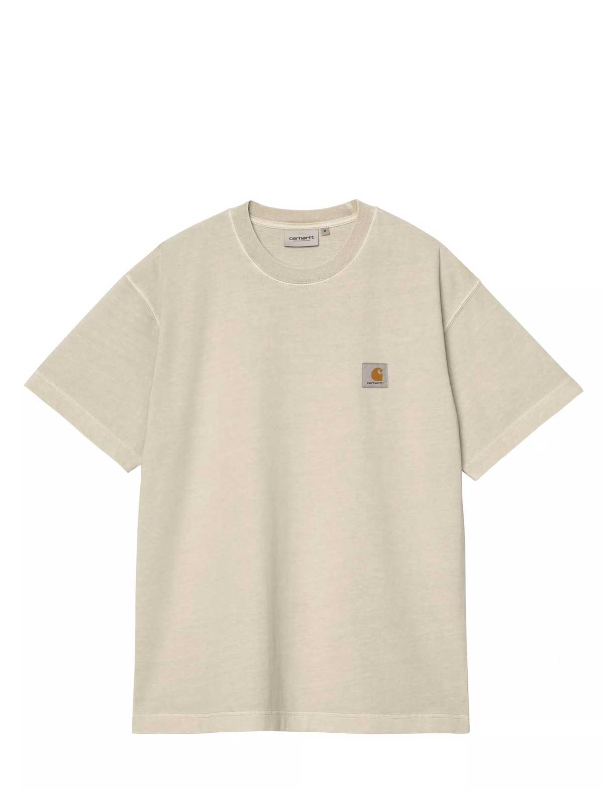 A light beige Carhartt short-sleeve crewneck t-shirt with the signature Carhartt logo patch on the left chest, displayed on a clean white background.