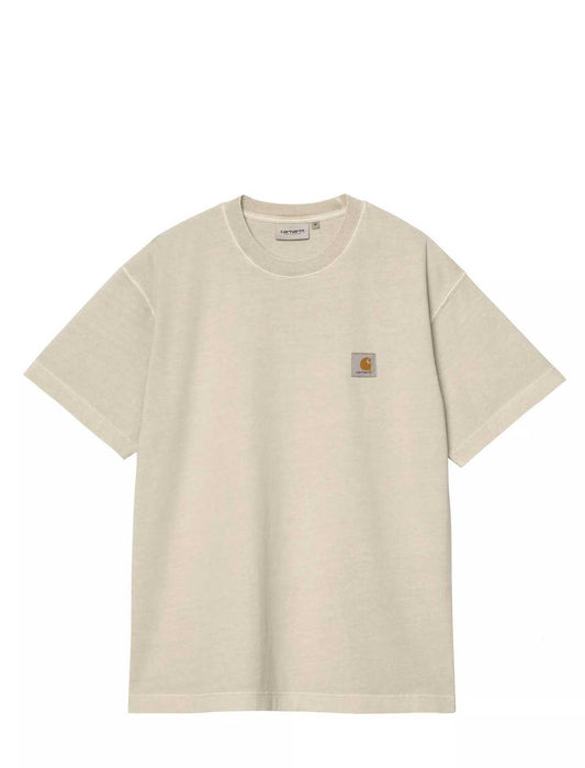 A light beige Carhartt short-sleeve crewneck t-shirt with the signature Carhartt logo patch on the left chest, displayed on a clean white background.
