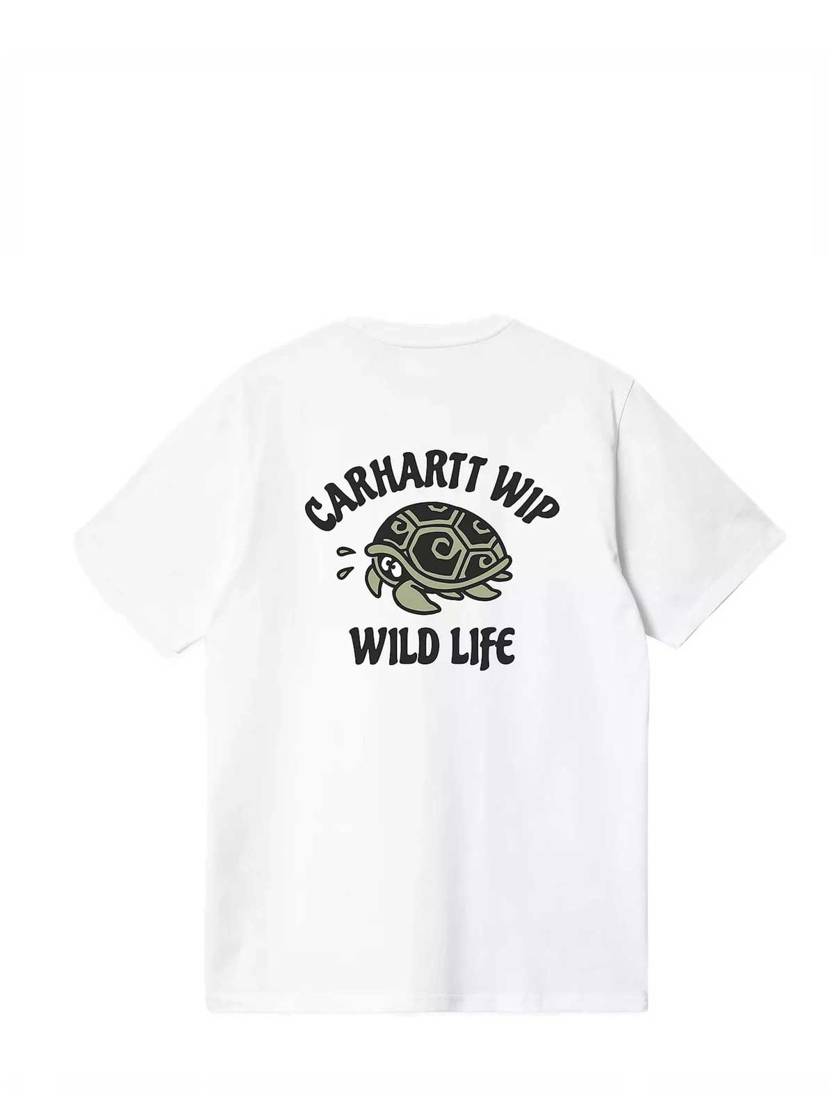 White t-shirt with Carhartt WIP and 'Wild Life' turtle graphic on a white background