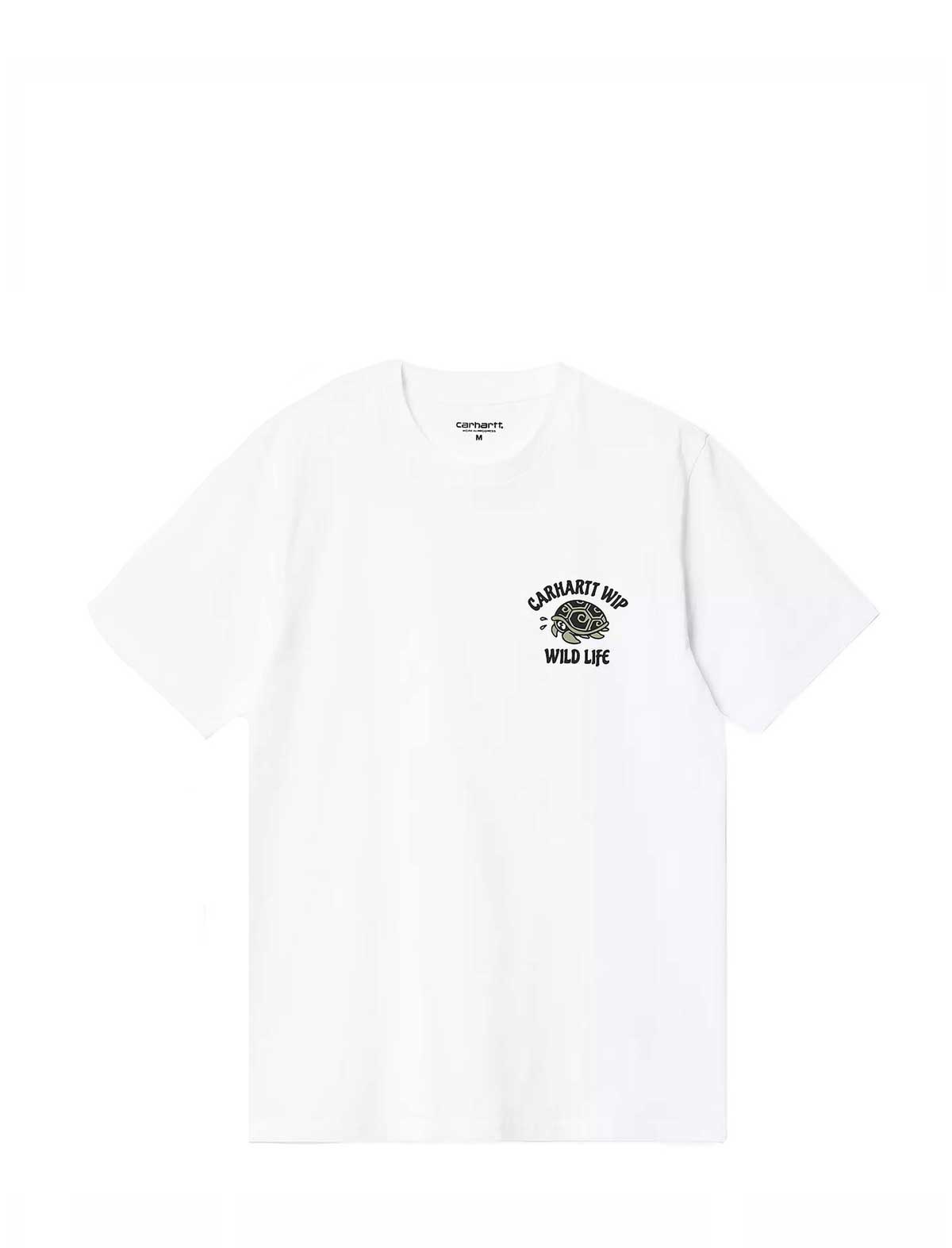 White carhartt wip wild life t-shirt with a logo on the chest against a white background