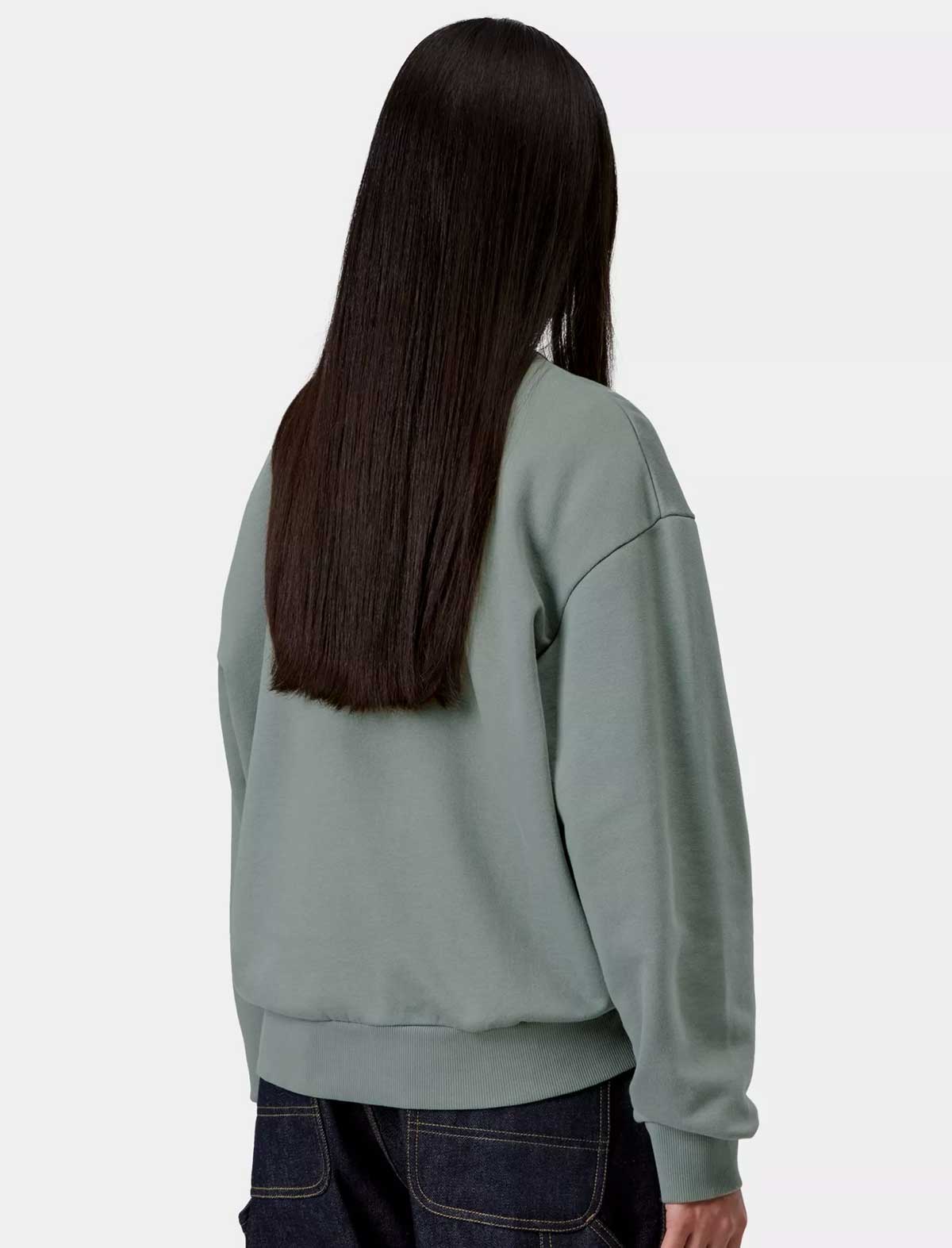 Person wearing a light green sweatshirt on a white background