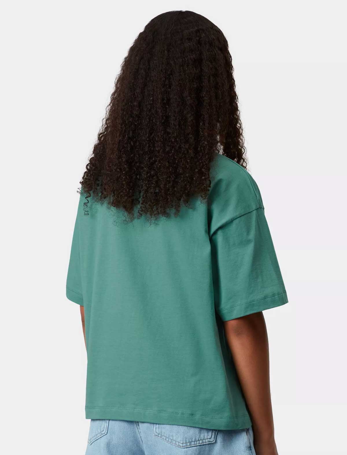 Person wearing a green t-shirt on a plain background