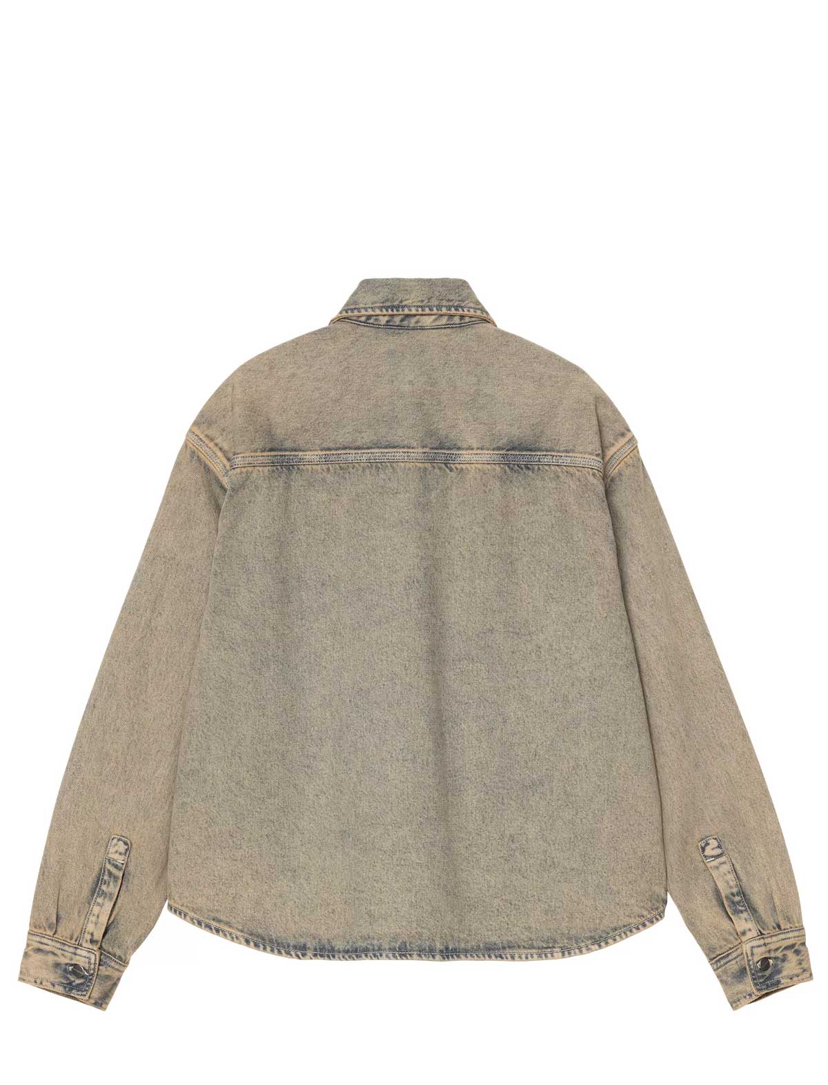 Back view of a beige denim jacket on a white background