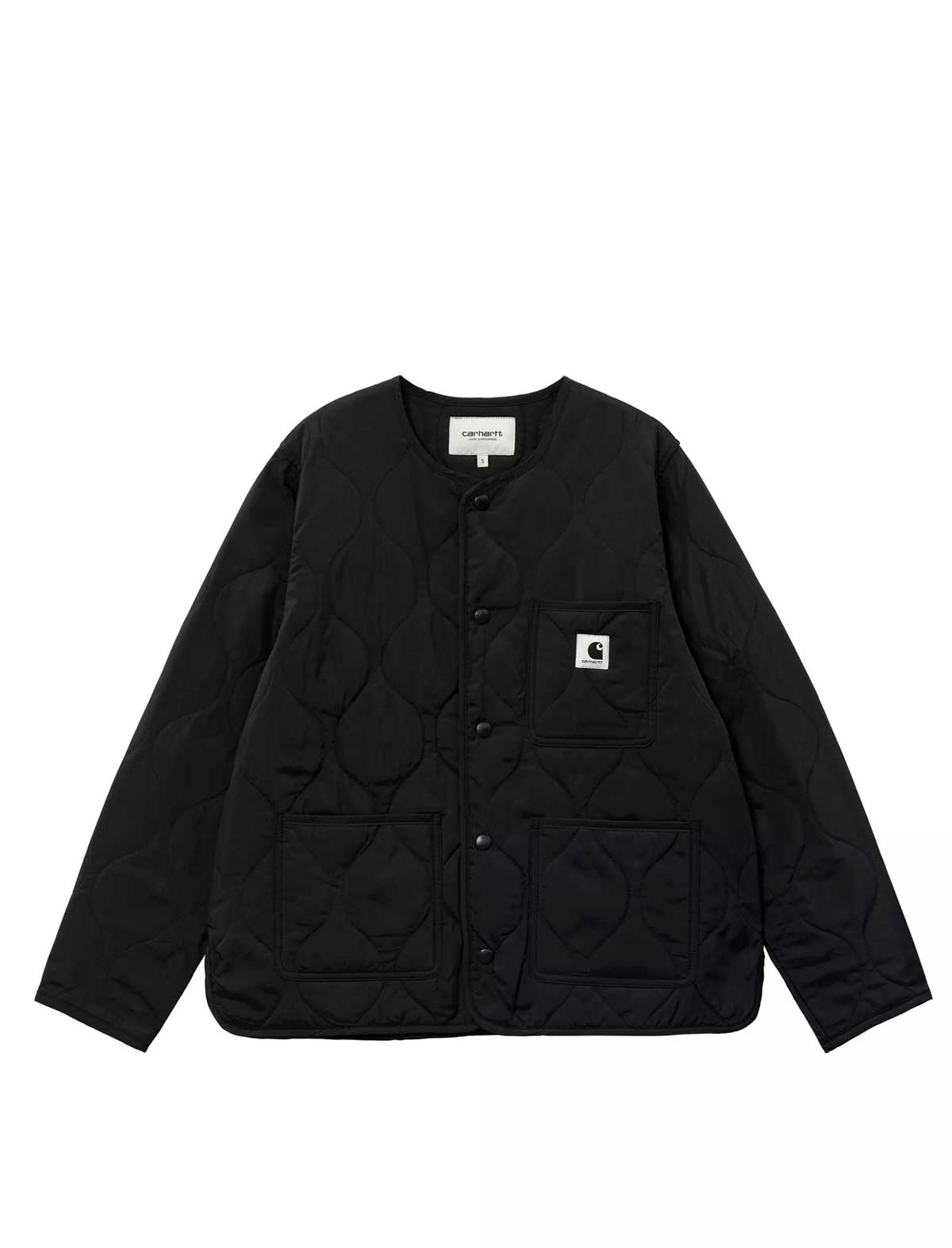 Carhartt WIP Women's Black quilted jacket with brand logo on a white background