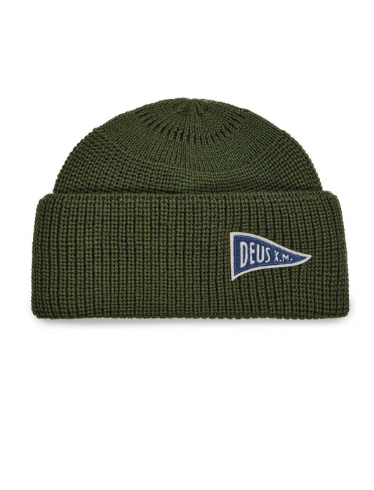 deus ex machina campus Green beanie with a logo on a white background