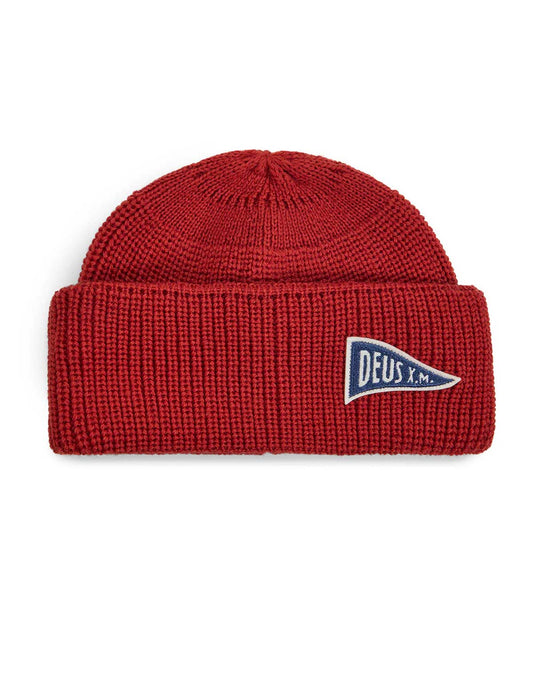 deus ex machina campus Red beanie with a logo on a white background