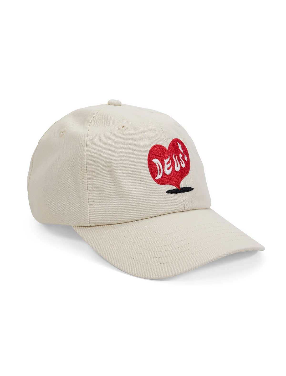 deus ex machina deep cut white dad cap with a red heart and text on a white background