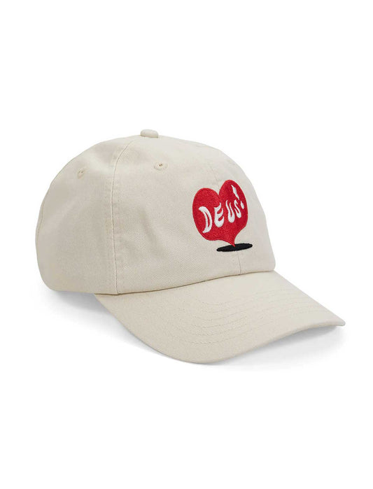 deus ex machina deep cut white dad cap with a red heart and text on a white background