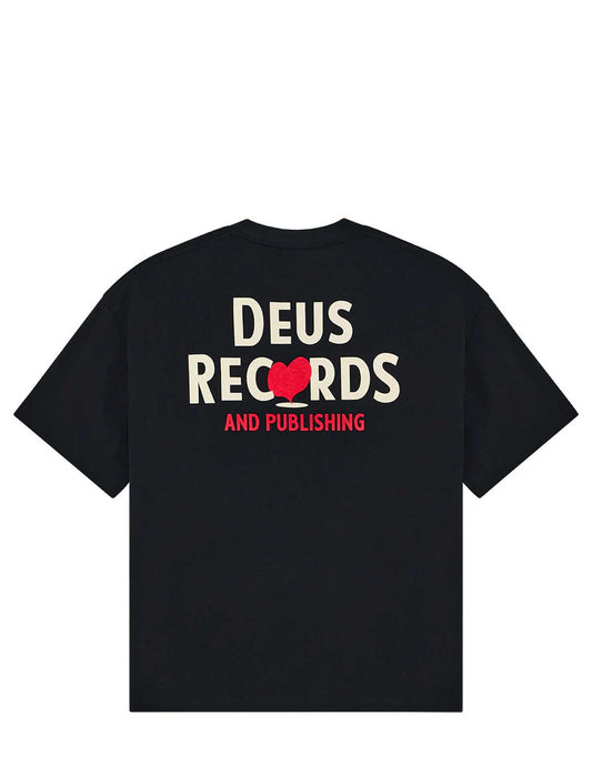 deus ex machina deep cut Black t-shirt with 'Deus Records and Publishing' text on the back against a white background
