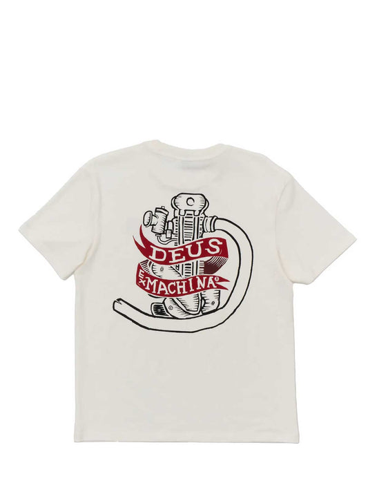 deus ex machina jailer sappy White t-shirt with a graphic design on the back on a white background