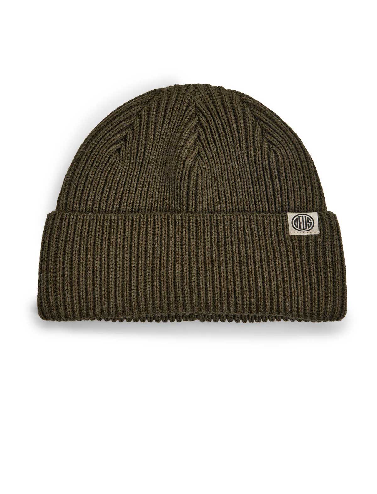 deus ex machina pill merino Green beanie with a brand label on a white background