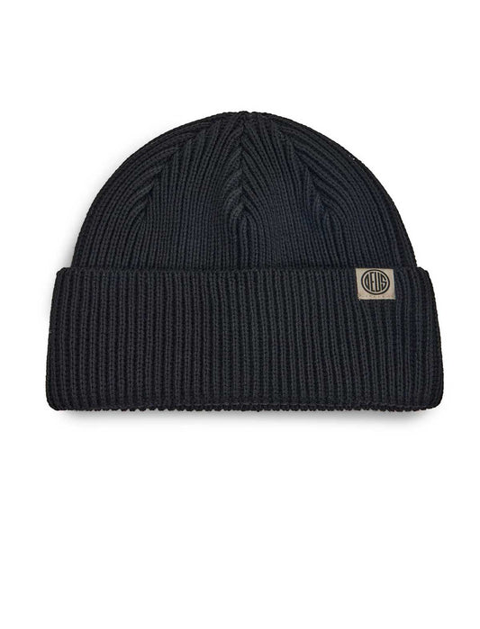 BDeus Ex Machina Pill merino black knit beanie with a logo on a white background