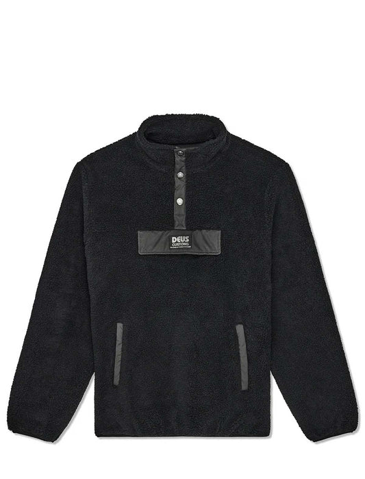 Black fleece pullover with a brand logo on a white background