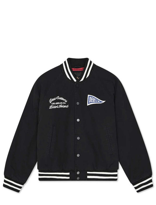 Black varsity jacket with white text and logos on a white background