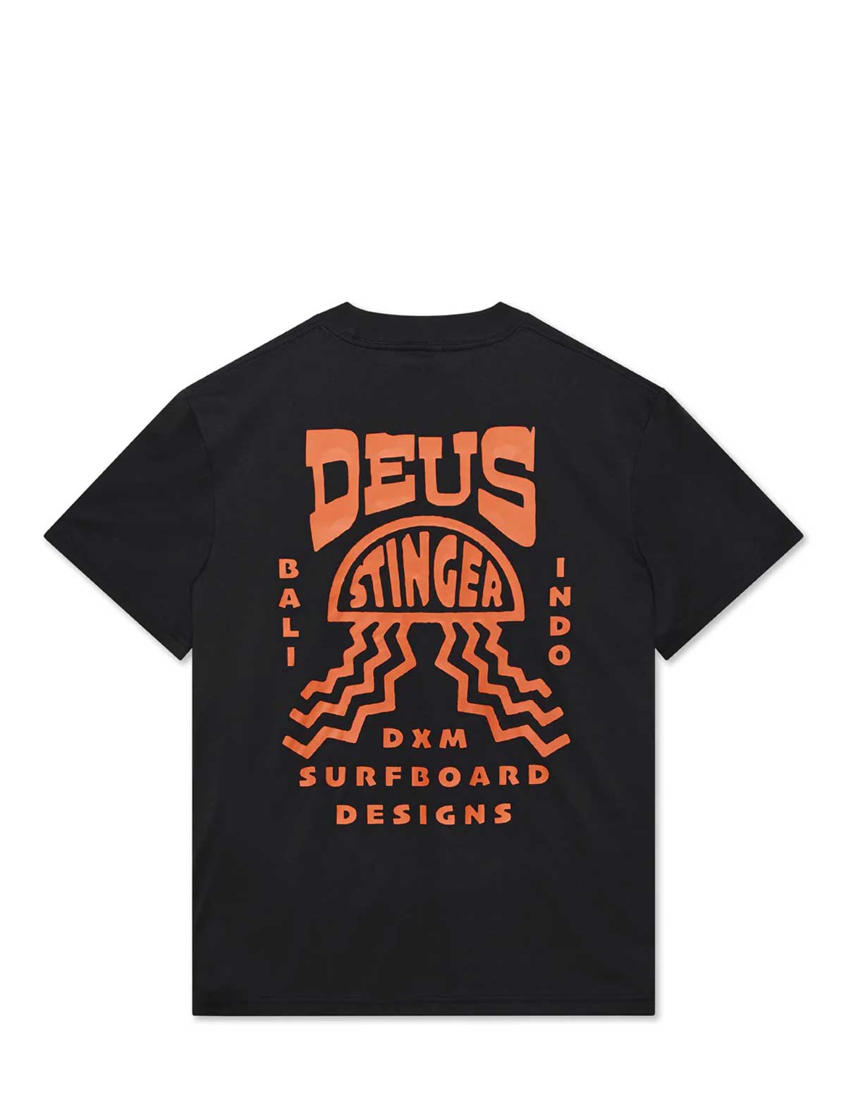 deus ex machina stinger Black t-shirt with orange graphics and text on a white background