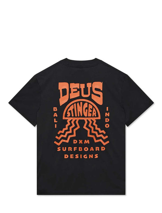 deus ex machina stinger Black t-shirt with orange graphics and text on a white background