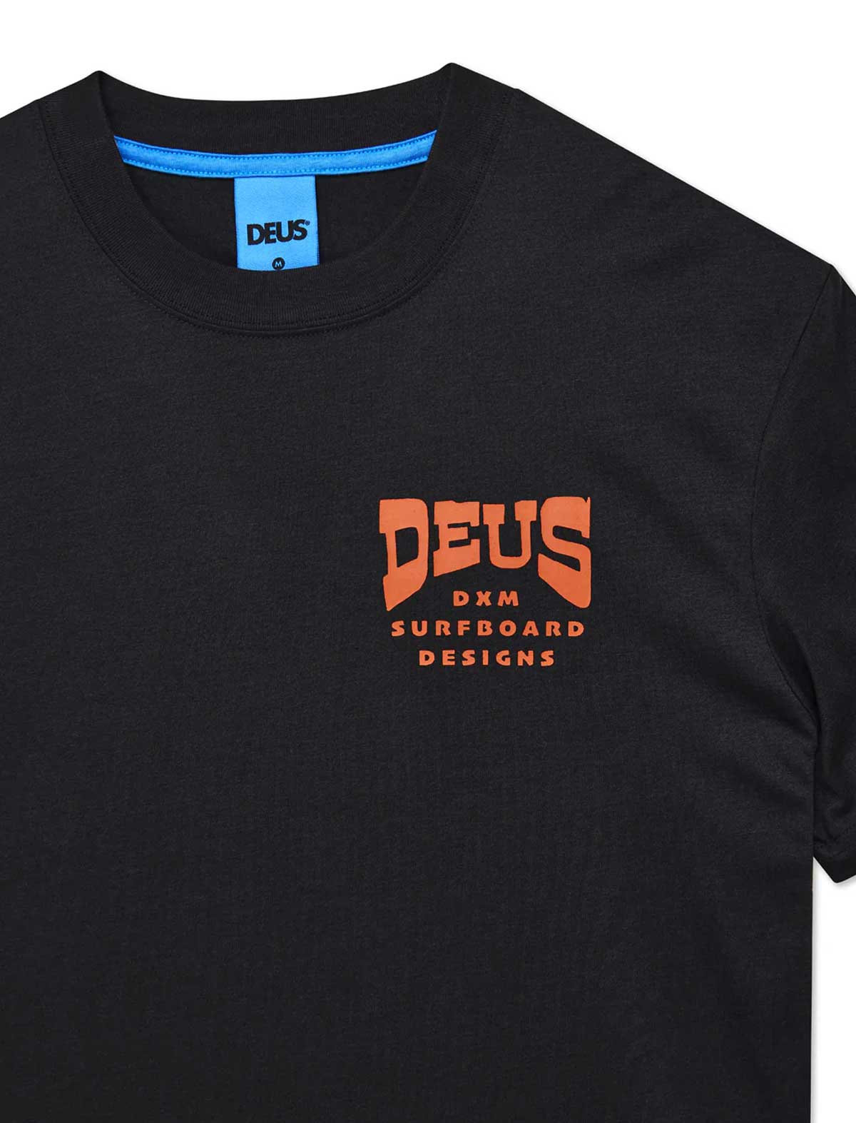 Black t-shirt with orange 'Deus' logo on a white background