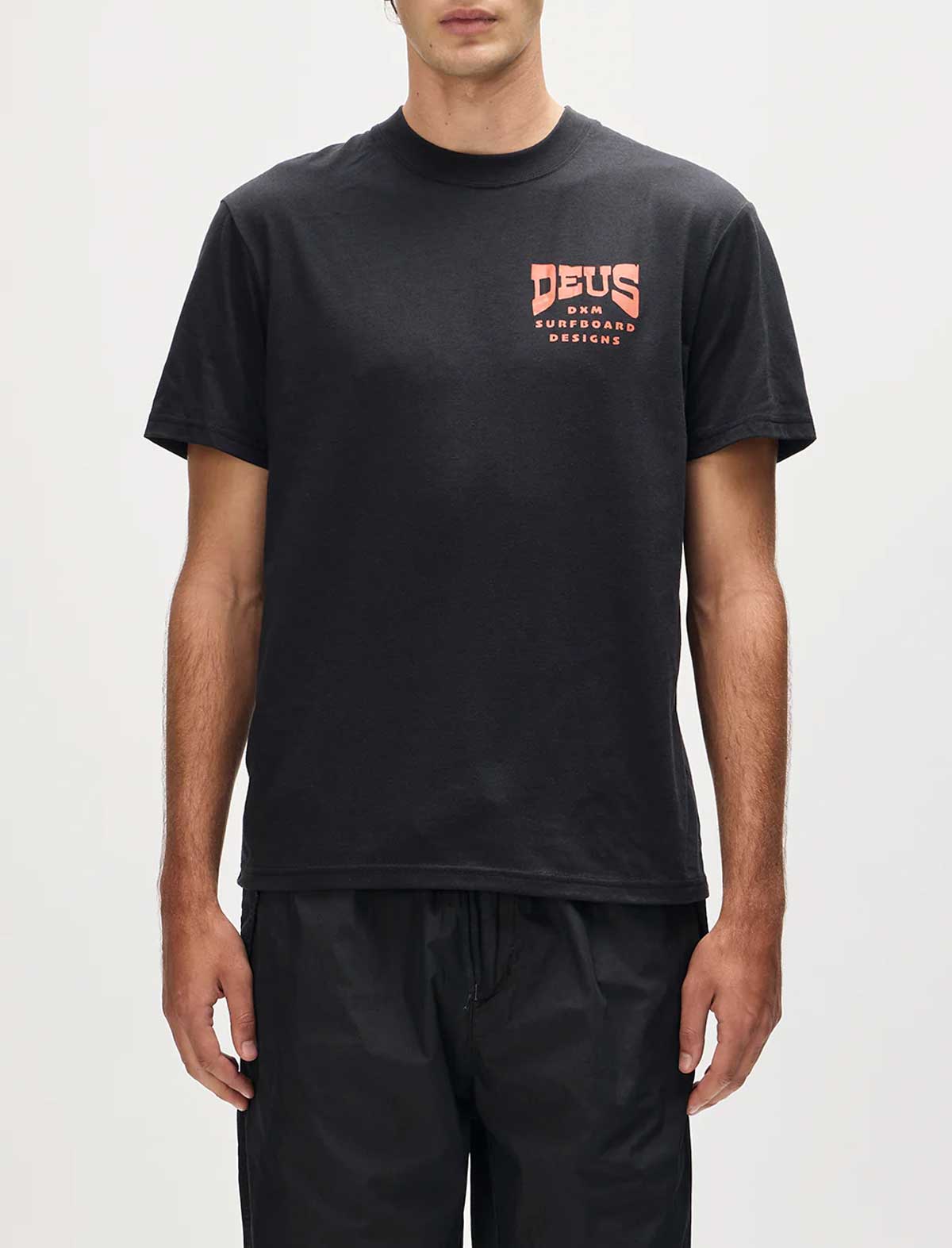 Person wearing a black t-shirt with a logo on a white background