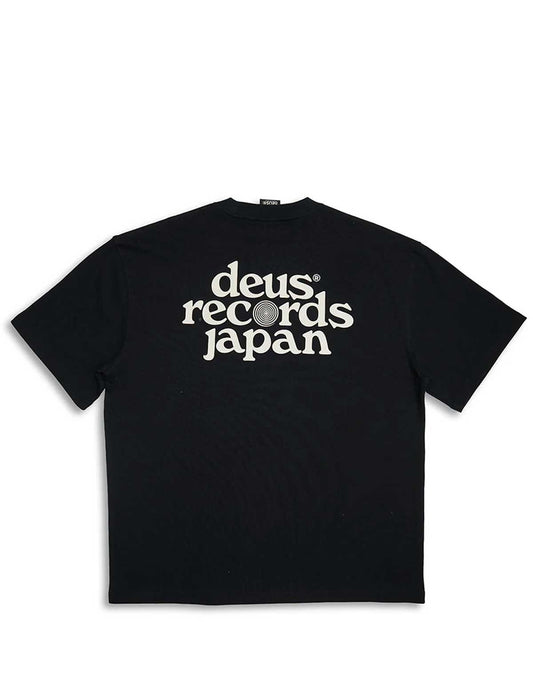 deus ex machina strata Black t-shirt with 'deus records japan' text on a white background