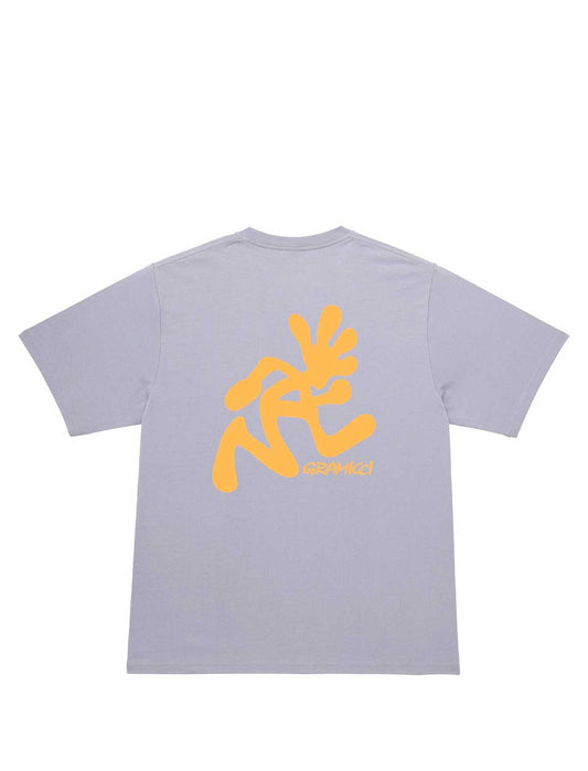 Gramicci Light purple t-shirt with yellow graphic design on the back against a white background