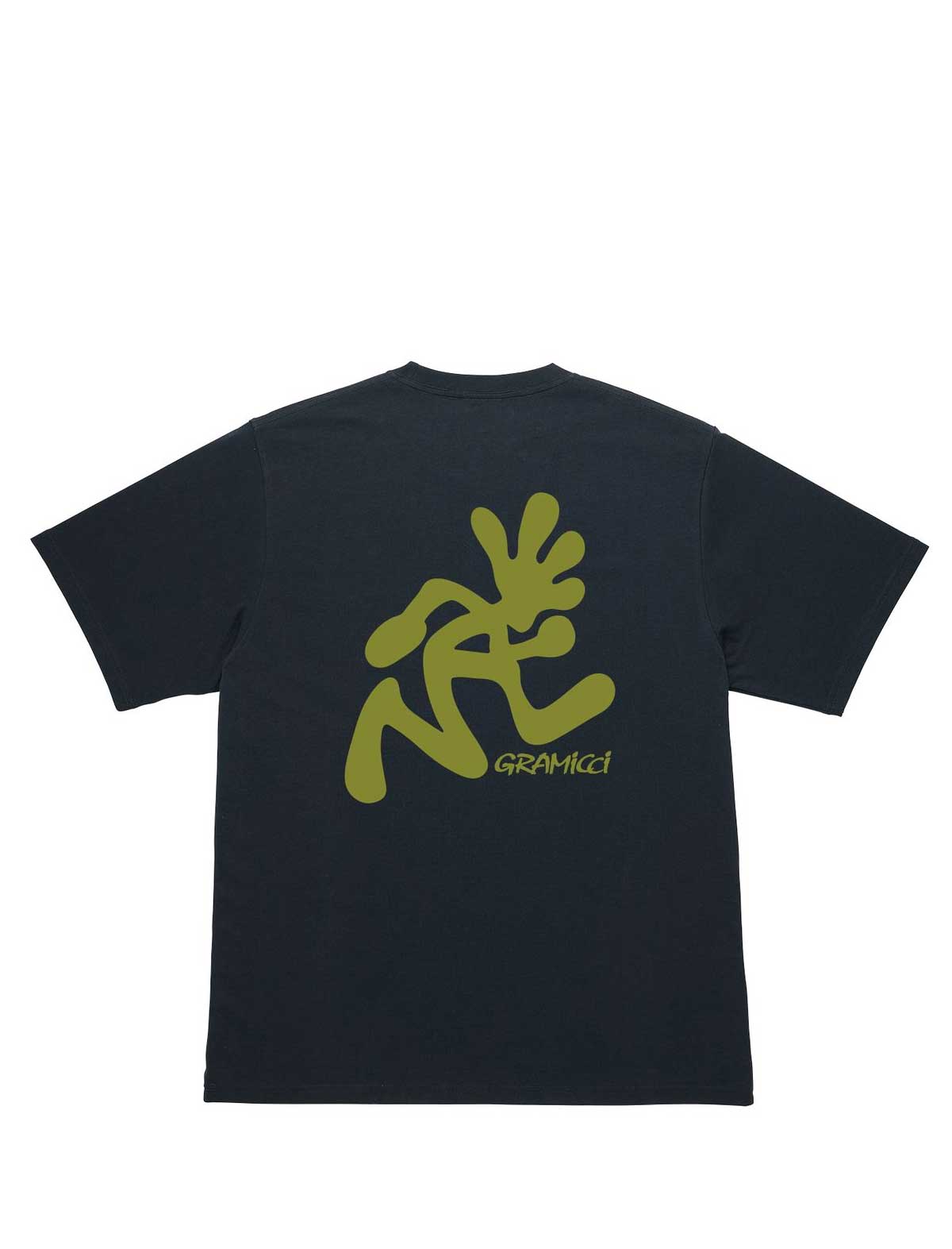gramicci Black t-shirt with yellow graphic design on the back against a white background