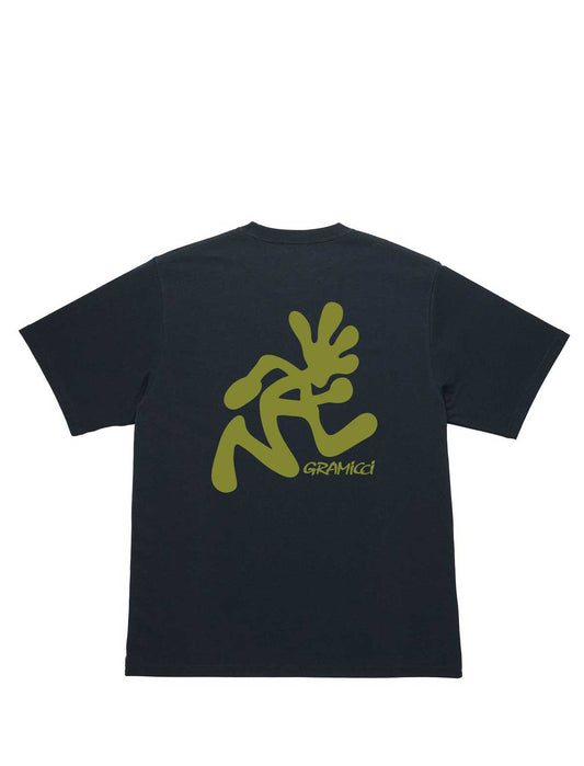 gramicci Black t-shirt with yellow graphic design on the back against a white background