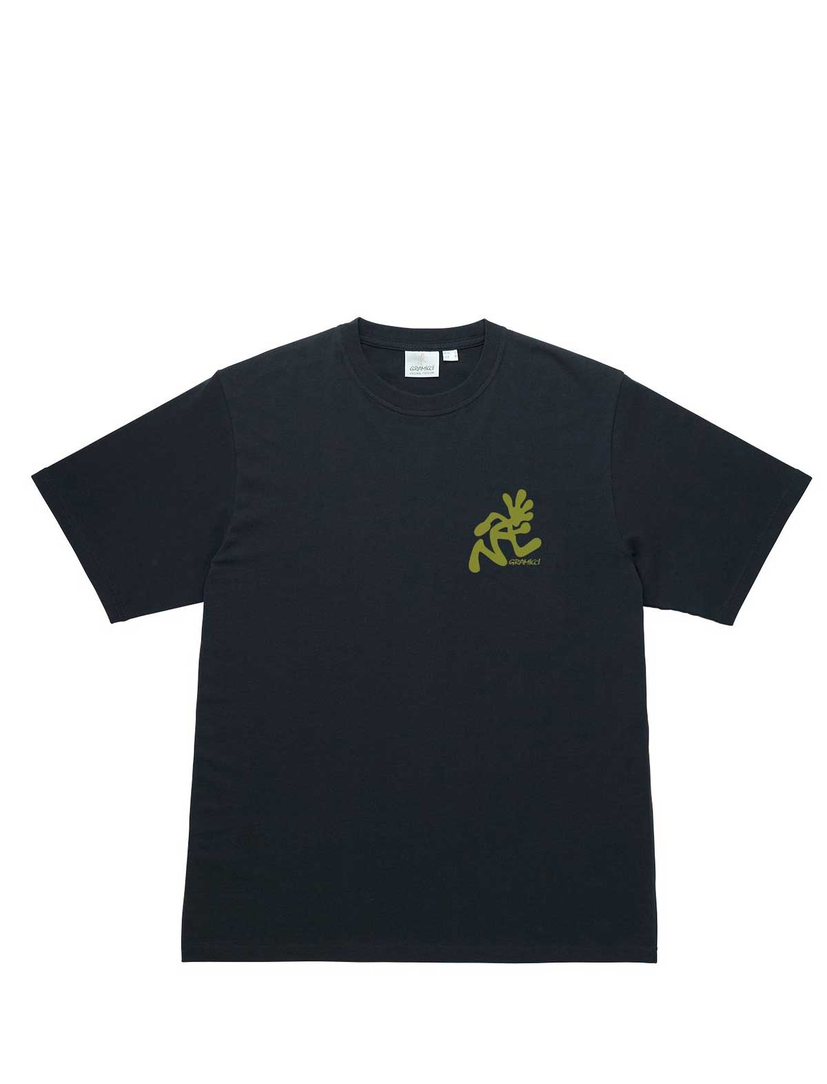 gramicci Black t-shirt with a yellow logo on a white background
